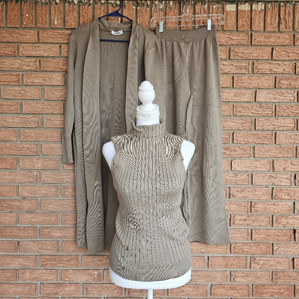 Katch Me Turtle Neck Tank & Wide Leg Trousers With Cardigan Three-Piece Set